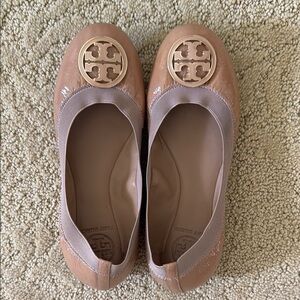 Tory Burch Tan Leather Ballet Flats with Signature Logo